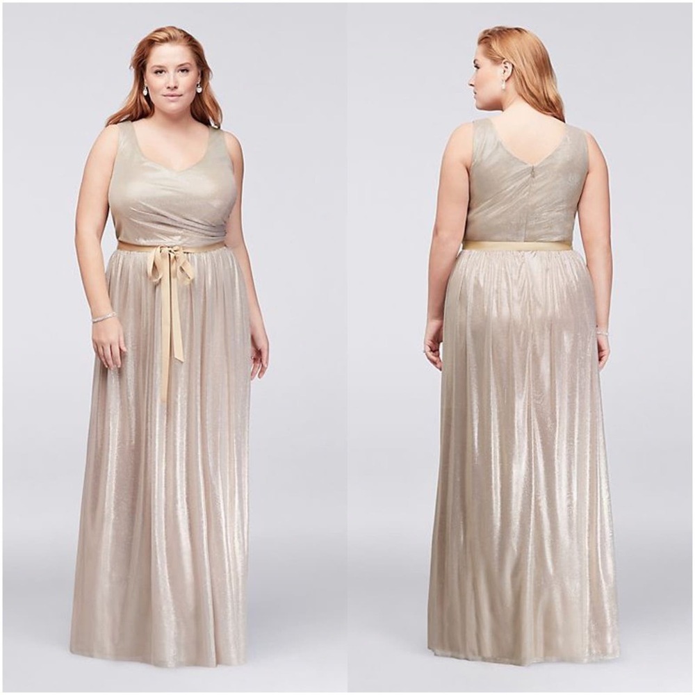 MARINA Metallic Foil Plus Size Gown with Ruched Waist STYLE# 293343